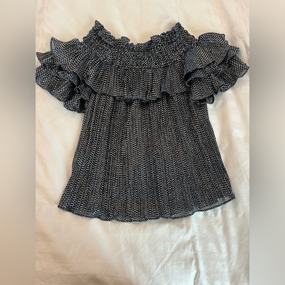 Parker Metallic Polka Dot Off Shoulder Ruffle Mini Dress XS